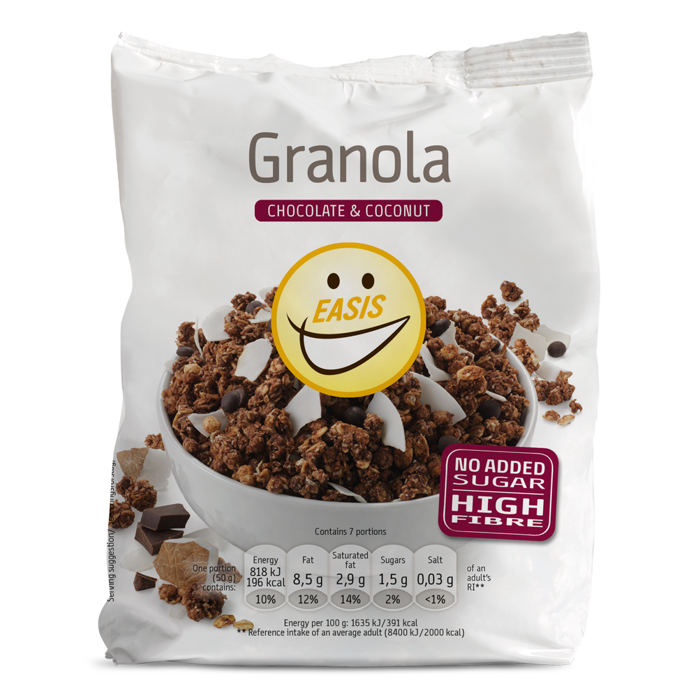 EASIS Granola, Choklad och kokos, Låda med 6 st.