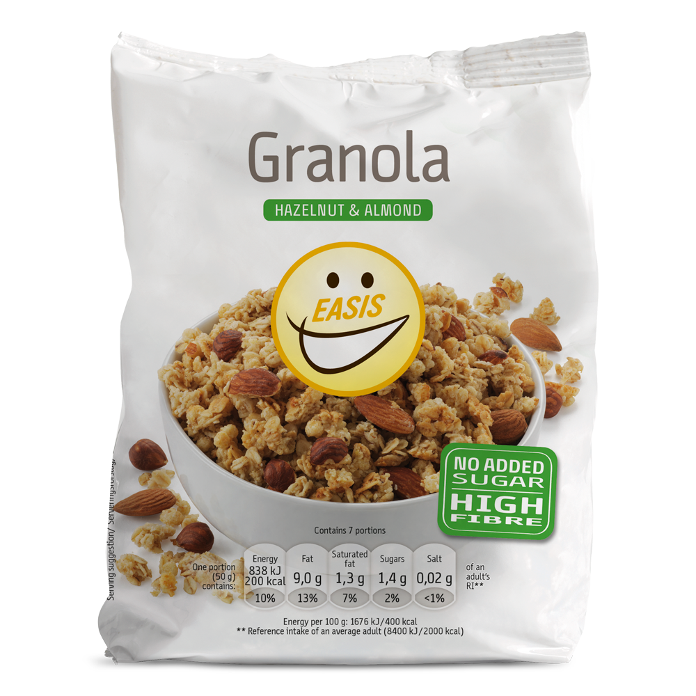 EASIS Granola, hasselnöt och mandel, Låda med 6 st.