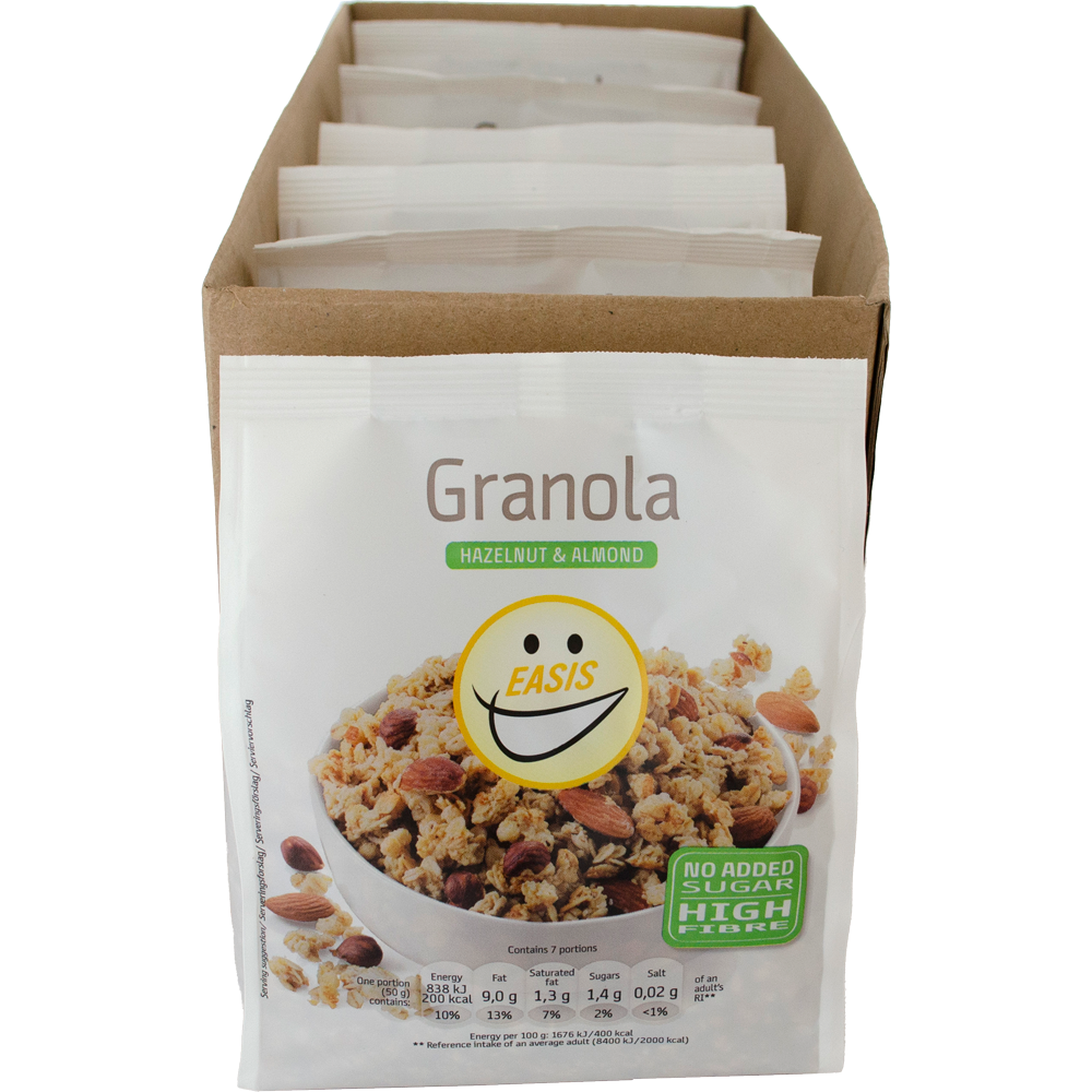 EASIS Granola, hasselnöt och mandel, Låda med 6 st.